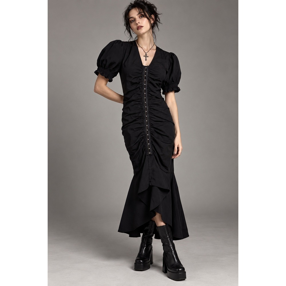 Solo Style Dress Women S Black Ruched Hook Eye High Low Mermaid Whimsigoth Alt